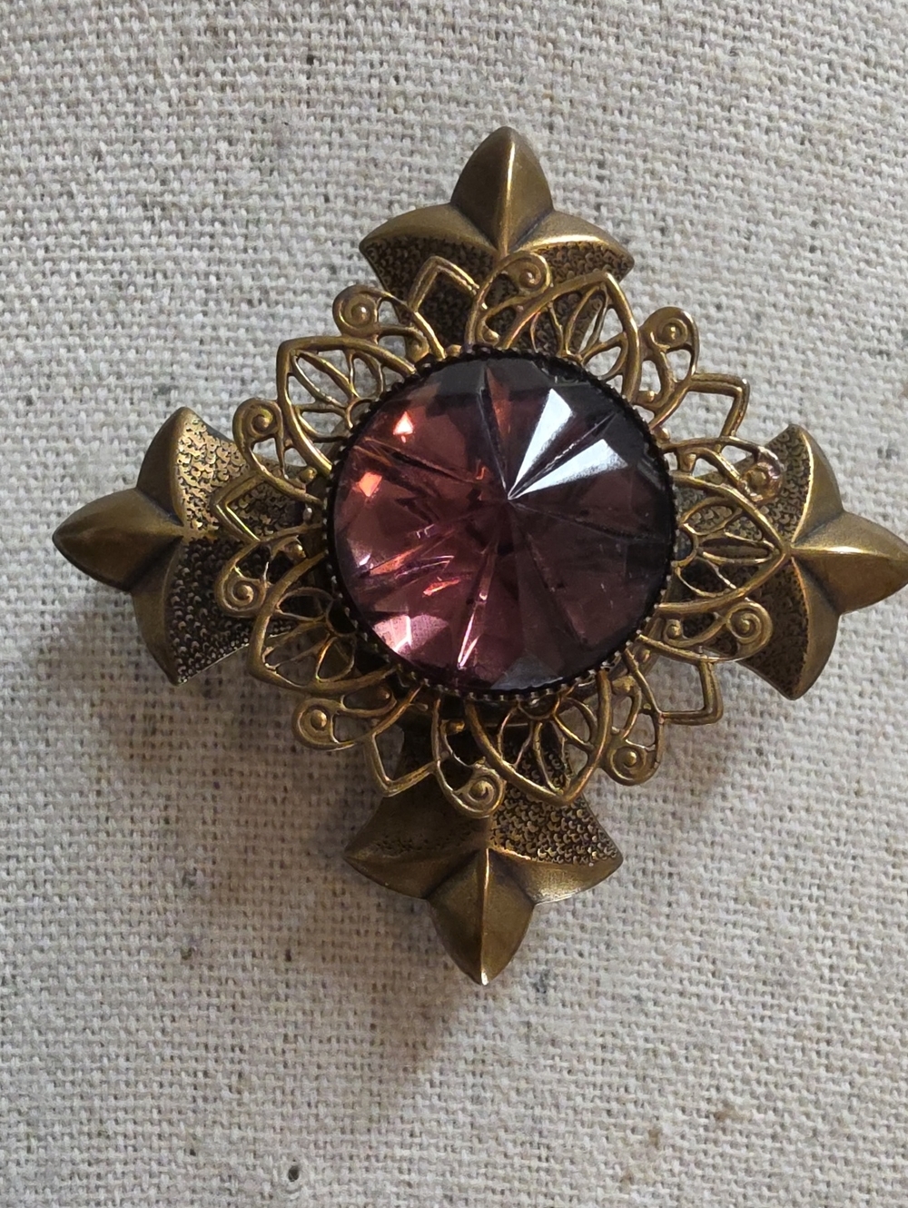 Vintage Victorian Revival Maltese Cross Brooch Purple Acrylic Heraldic Sash Pin